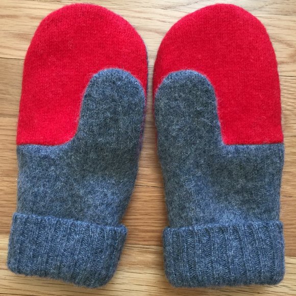 Gray/Red Felted Shetland Wool Mittens from Crew Recycled Sweater - Picture 2 of 4
